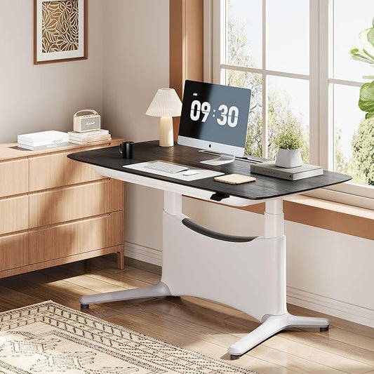 COLAMY Electric Adjustable Standing Desk – 48 x 28 Inch Sit Stand Desk with Drawer & Cable Management, Dual Motor Lift System, Ergonomic Footrest, Home Office Table (Veneer Desktop, Black Oak + White)