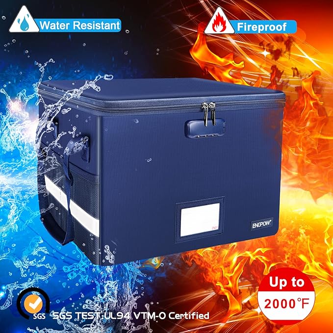 ENGPOW File Box with Lock, Fireproof Document Box with Zipper＆Pockets, Collapsible File Organizer Filing Storage Cabinet with Handle, Portable Home Office Safe for Hanging Letter/Legal Folder, Blue