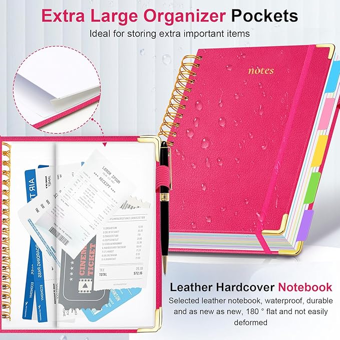 Hardcover Spiral Notebook 8"x10" Journal Notebook with Tabs and Removable Dividers 300 Pages 5 Subject Notebook College Ruled, Faux Leather Spiral Bound Notebook for Women, Students, School Work (Rose Red)