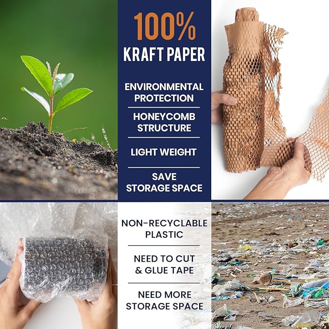 Honeycomb Packing Paper 15" x 500ft with Rope & 20 Fragile Stickers|Shipping & Moving Supplies|Small Business Packaging Supplies|Eco Friendly Bubble Wrap Packing Boxes for Moving Certified FSC C204227