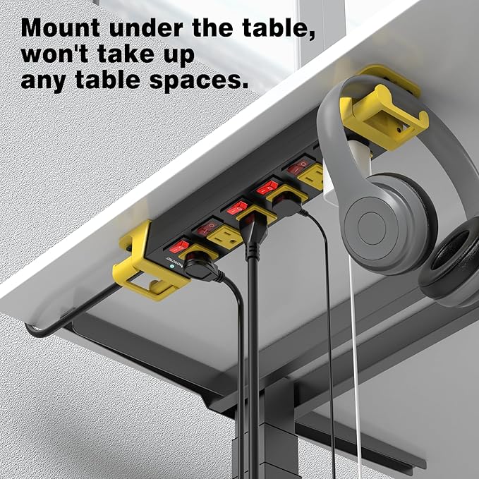 Heavy Duty Power Strip - 6 Outlet Power Strip with Individual Switches Cord Manager Surge Protector 1200J Home Office Garage Industrial Workbench
