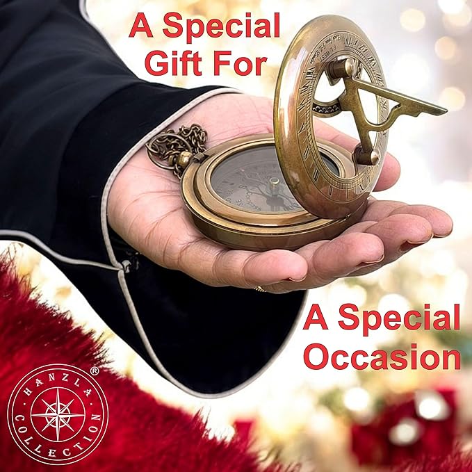 Brass Sundial Compass with Leather Case and Chain - Push Open Compass - Steampunk Accessory - Beautiful Handmade Gift - Nautical Sun Clock