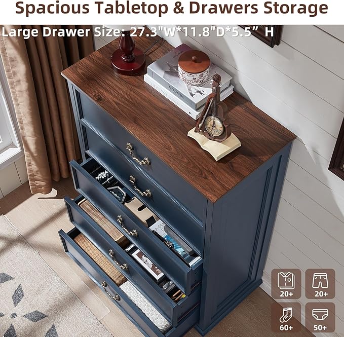 Farmhouse 5 Drawer Dresser for Bedroom, 45" Tall Rustic Chests of Drawers w/ 4 Solid Wood Feet, Mid Century Modern Wooden Closet Storage Dressers Organizer for Living Room, Hallway, Navy Blue