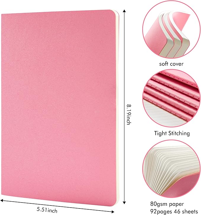 feela 36 Pack Soft Cover Journal Bulk, Lined Blank Travel Journal for Women Men Writing, Notebooks College Ruled for Work, Note Taking Notebook School Business Supplies, 8.2” x 5.5”, A5, Pink