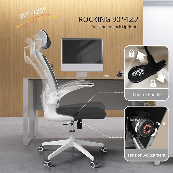 Ergonomic Office Chair, High-Back Mesh Computer Desk Chair with Adjustable Height, Lumbar Support, Flip-Up Armrests,headrest，and Swivel Rolling Design for Home and Office Use