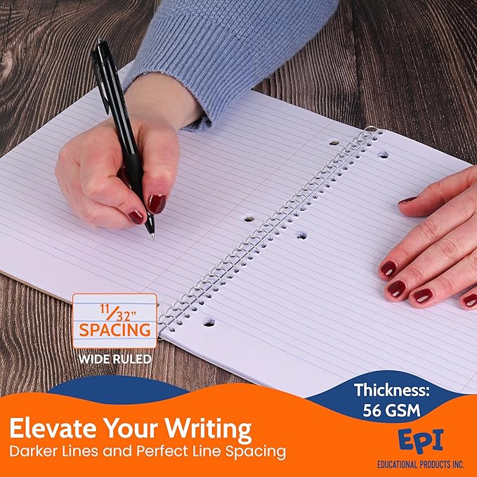 EPI Spiral Notebook | 3 Subject - Wide Ruled - 120 Sheets, Durable Spiral Binding | 10.5 x 8 in | Classroom Supplies | School, Office, Note Taking, Journaling - 24 Pack