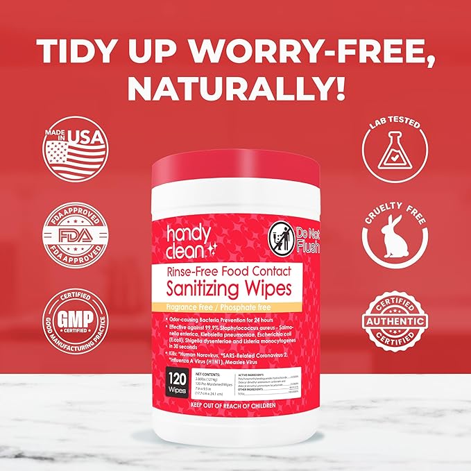 HandyClean Rinse-Free Food Contact Sanitizing Wipes Canister, Multi Surface Cleaning Wipes Cleaning Supplies for Kitchen and Professional Setting 6-Pack (120 Wipes Each)