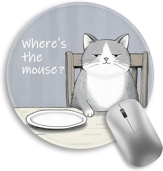 Funny Cat Mouse Pad, Grey Small Round Mouse Pads for Desk, Mini Travel Mousepad for Wireless Computer Laptop, Office Desk Accessories, Where's The Mouse, 8.6 x 8.6 inch