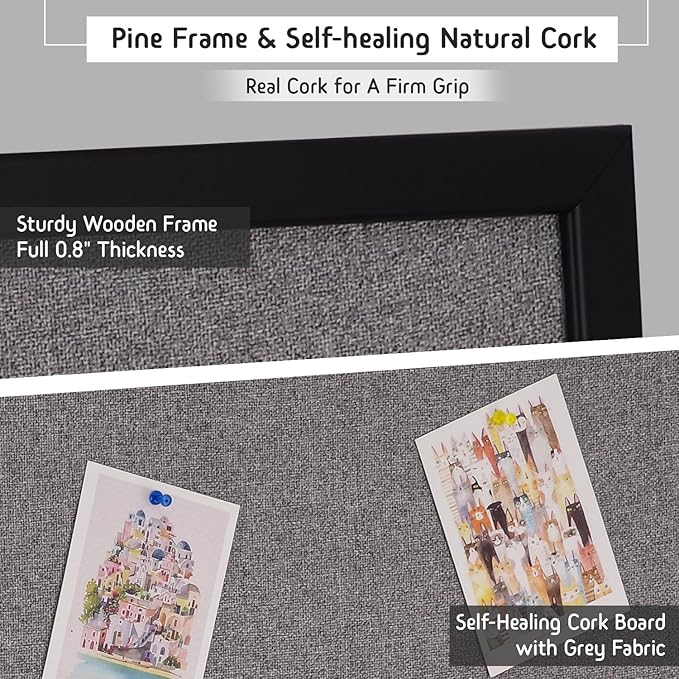 Bulletin Board 36 x 24 Inch, 100% Wood Framed Canvas Cork Board with Grey Fabric, Wall Mounted Notice Board for Home Office School