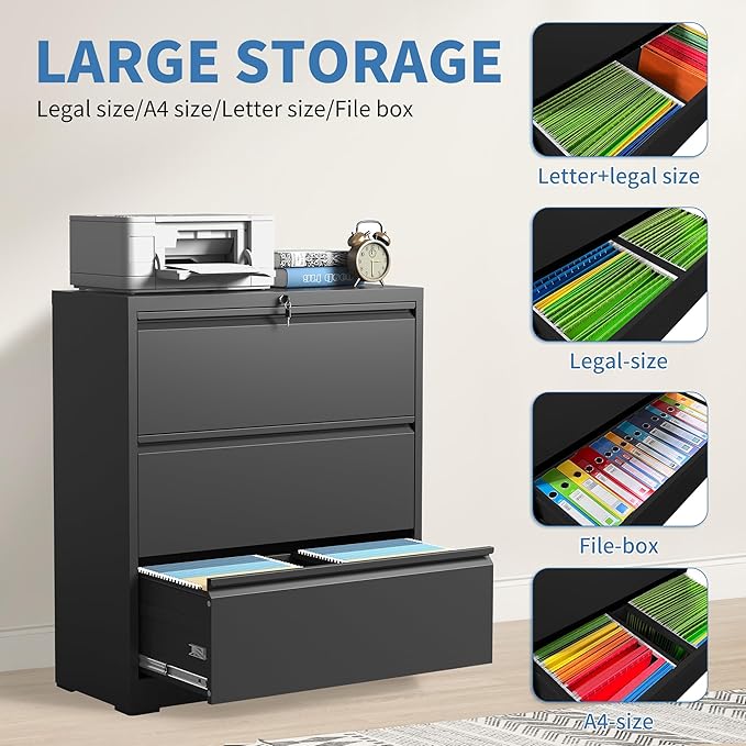 File Cabinets 3 Drawer,Metal Office Storage Filing Cabinet with Lock,Black Lateral Filing Cabinet for Home Office,Horizontal Locking File Cabinets for Legal/Letter/A4,Assembly Require,Black
