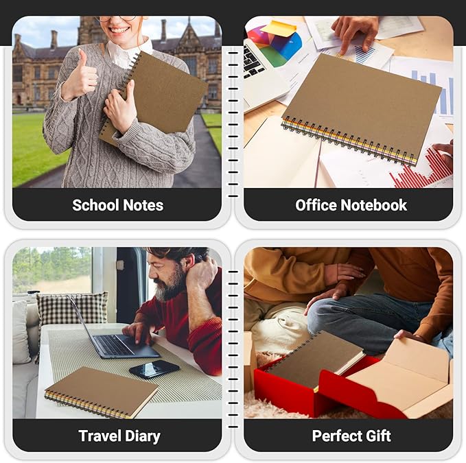 EUSOAR 5 Subject Spiral Notebook, 1pcs A4 11" x8-1/2 College Ruled Writing Pad, 100GSM 120Sheets/ 240Pages of Lined Paper, Thick Hardcover, for Traveling Students, Office and Business, Kraft