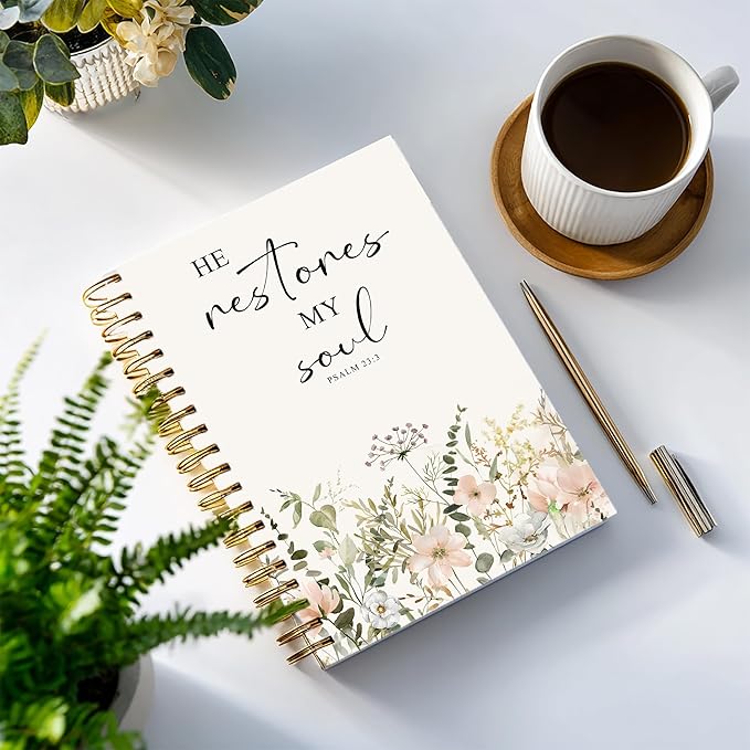 Bible Notebook, A5 Spiral Christian Journal with Floral Notebook, Bible Verse-He Restores My Soul, Inspirational Notebooks for Women, Bible Study, Gift for Birthday Christmas, Office Supplies (White)
