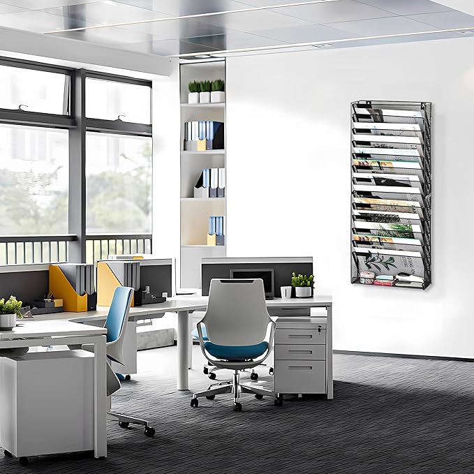 EasyPAG 14 Tier Wall File Holder with Flat Tray, Black | Easy Assemble Mesh Desk File Organizer | 13-Folder Paper Storage | Replaceable Classify Labels | Space Saving Mail Organizer for Office Home