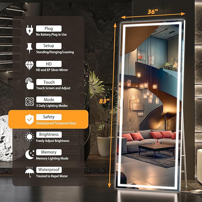 Hasipu Full Length Mirror with Lights, 83" x 36" LED Lighted Floor Standing Mirror, Full Body Dressing Hanging Mounted Mirrors, Dimmable, Tempered Glass, Safe to Use, Square White