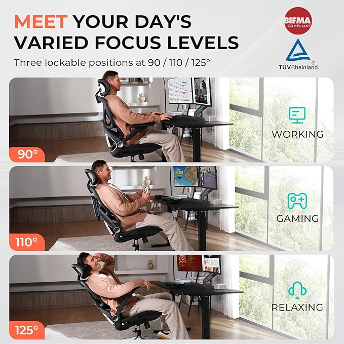 CAPOT Ergonomic Mesh Office Chair, Adjustable Lumbar High Back Desk Chair 400lbs, 4D Flip-up Arms, 3-Level Tilt Backrest, 3D Headrest, PU Wheels, Swivel Rolling Computer Seating for Long Desk Work