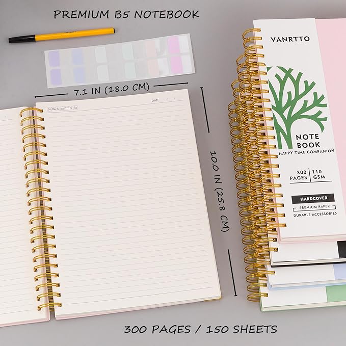 Hardcover Spiral Notebook, B5 Notebooks College Ruled, 110 GSM Thick Lined Paper Notebooks for Work, School and Travel, 300 Pages Journals for Writing, Large Journal for Women and Men Green B5