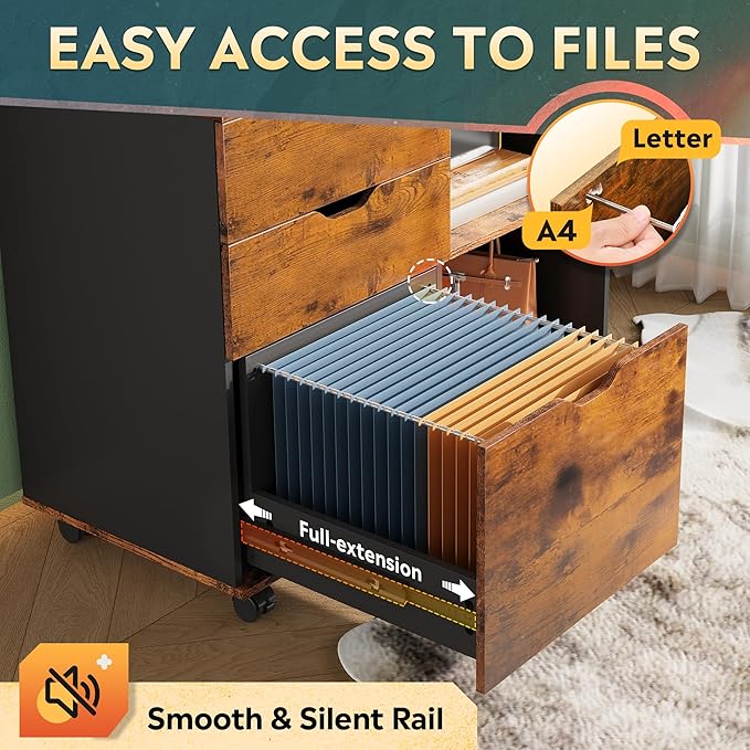 DEVAISE 3-Drawer Wood File Cabinet, Mobile Lateral Filing Cabinet, Printer Stand with Open Storage Shelves for Home Office, Rustic Brown