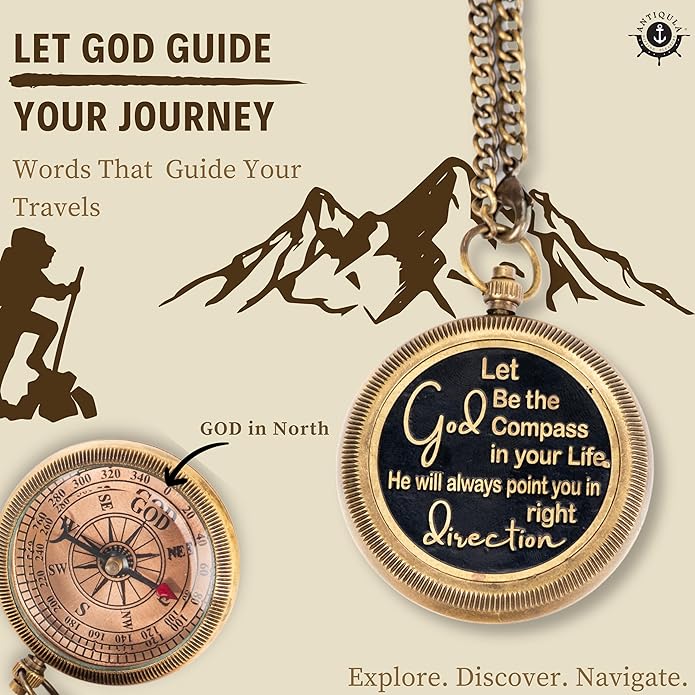 Brass Compass with Wooden Box - Graduation Gifts, Pirate Accessories & Baptism Gift For Boys, Steampunk Travel Decor Compasses For Missionary, Inspirational and Sentimental Compass