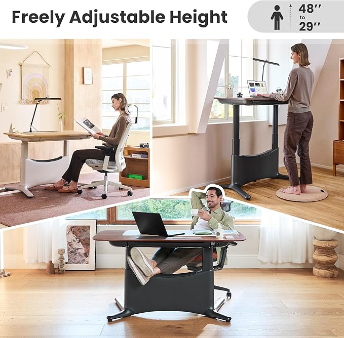 COLAMY Electric Adjustable Standing Desk – 48 x 28 Inch Sit Stand Desk with Drawer & Cable Management, Dual Motor Lift System, Ergonomic Footrest, Home Office Table (Veneer Desktop, Black Oak + Black)