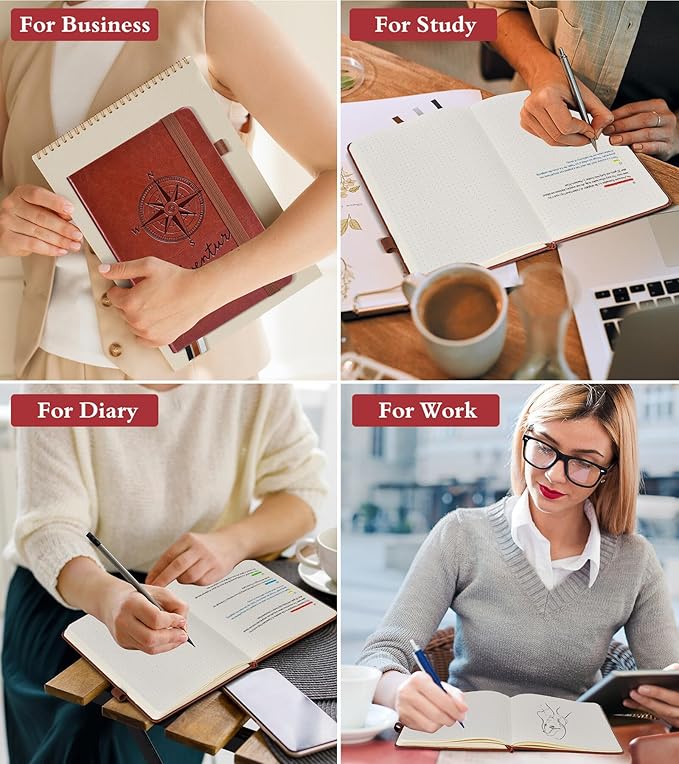 Dotted Journal Notebook for Women Men, 160 Pages Dot Grid Paper,Inner Pocket, A5 Hardcover Vintage Leather Notebooks for School, Work, Travel, Note Taking，Bullet Journaling 5.8"x8.5" (Brown)