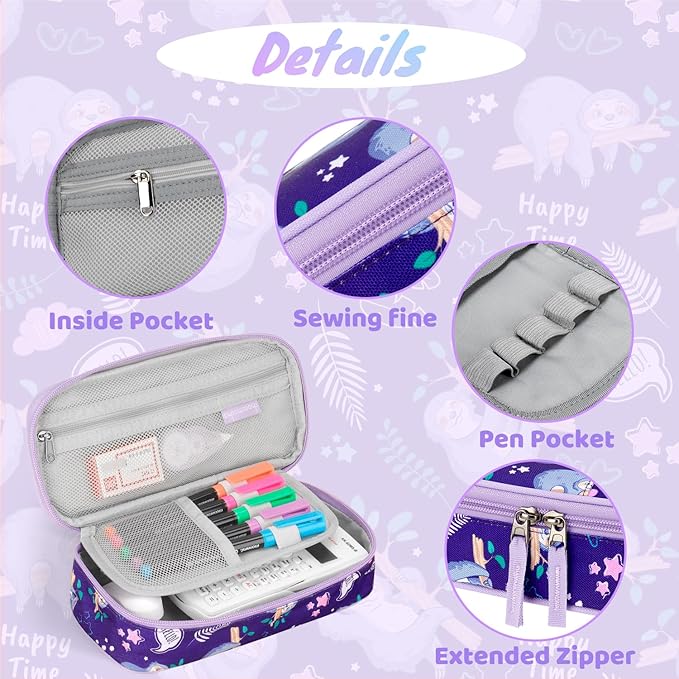 Choco Mocha Sloth Pencil Case for Girls, Soft Pencil Case Kids Pencils Pouch for Kindergarten Girls, Purple