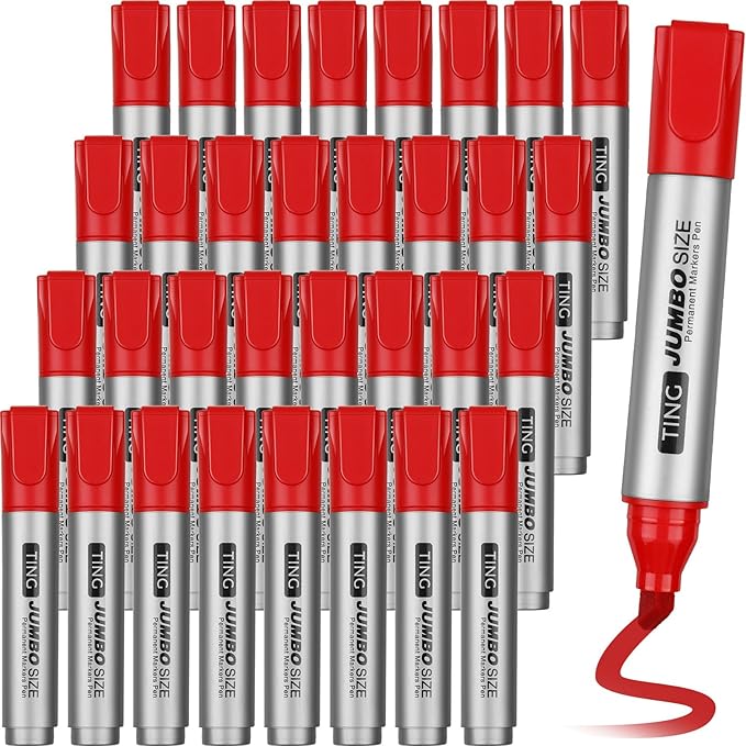 Fuutreo 32 Pcs Jumbo Permanent Markers Bulk Large Chisel Tip Permanent Markers Waterproof Jumbo Pens Quick Drying Office Teacher Supplies(Red)