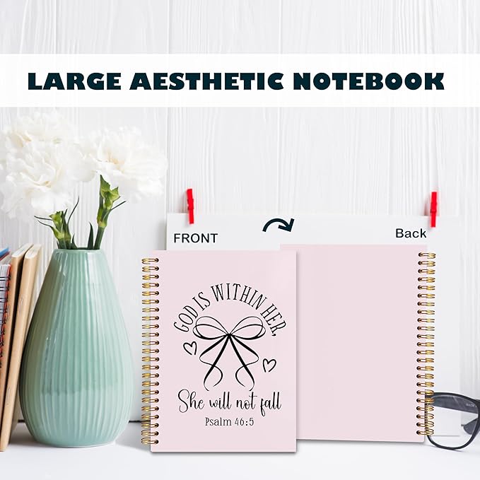 BearCake Pink Coquette Bow Christian Notebook Journal, God is Within Her She Will Not Fall Bible Journal for Women, Christian Religious Gifts for Woman, Hardcover Spiral Notebook 5.5x8.3