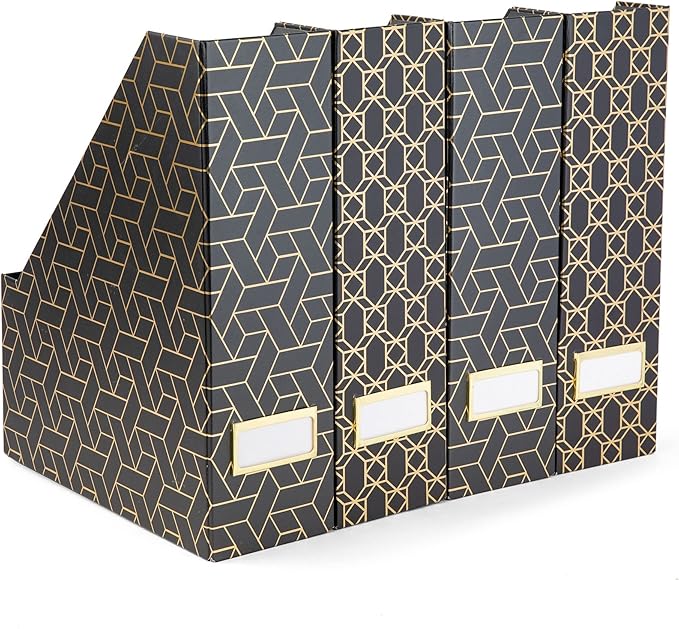 BLU MONACO Set of 4 Stylish Black & Gold Geometric Magazine File Holders with Gold Label Holders – Desk or Bookshelf Storage for Home, Office, Classroom Organization and Décor