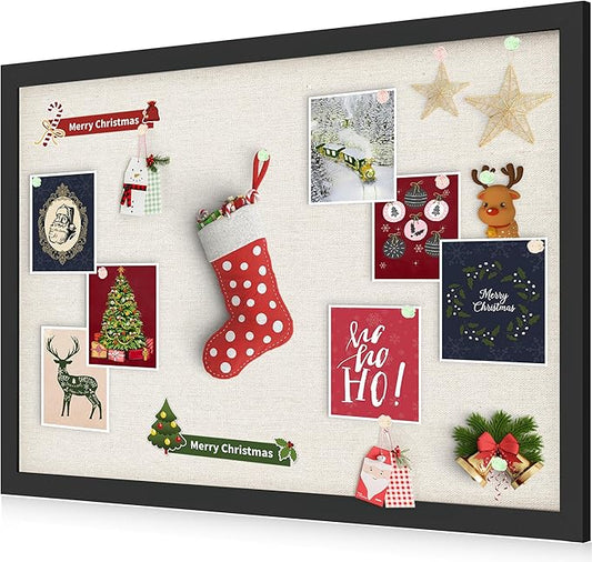 Cork Board Bulletin Board 18" x 24", Large Linen Corkboards with Frame for Walls, Cute Picture Display Pin Board Vision Board for Room School Office Bedroom 20 Pushpins Vintage Black