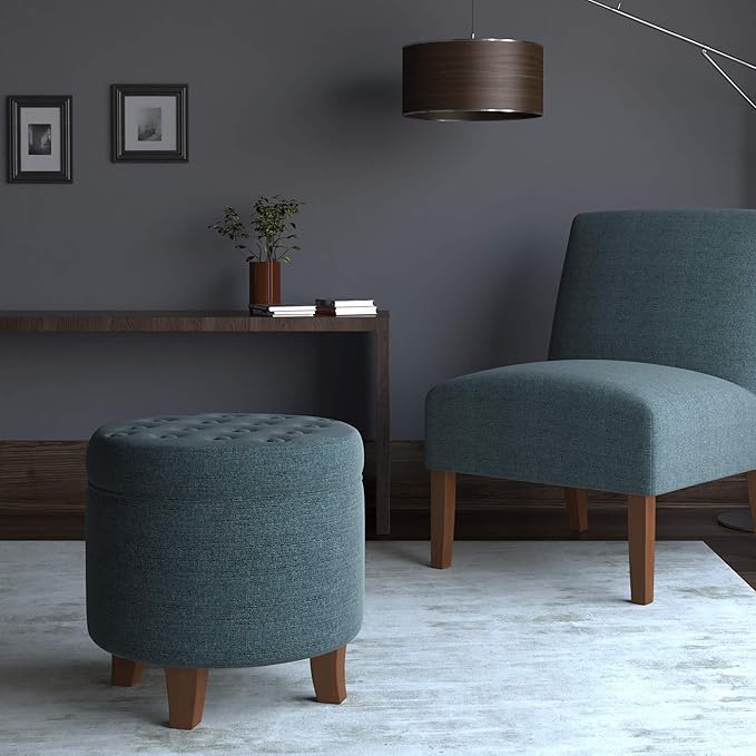 HomePop by Kinfine Fabric Upholstered Round Storage Ottoman - Velvet Button Tufted Ottoman with Removable Lid, Indigo Blue Woven