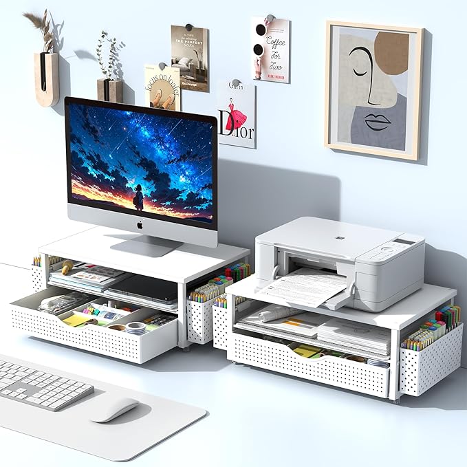 Desk Organizer and Accessories, Computer Monitor Stand Riser with Drawer and 2 Pen Holders, Office Desk Accessories & Workspace Organizers for Office Supplies (White)