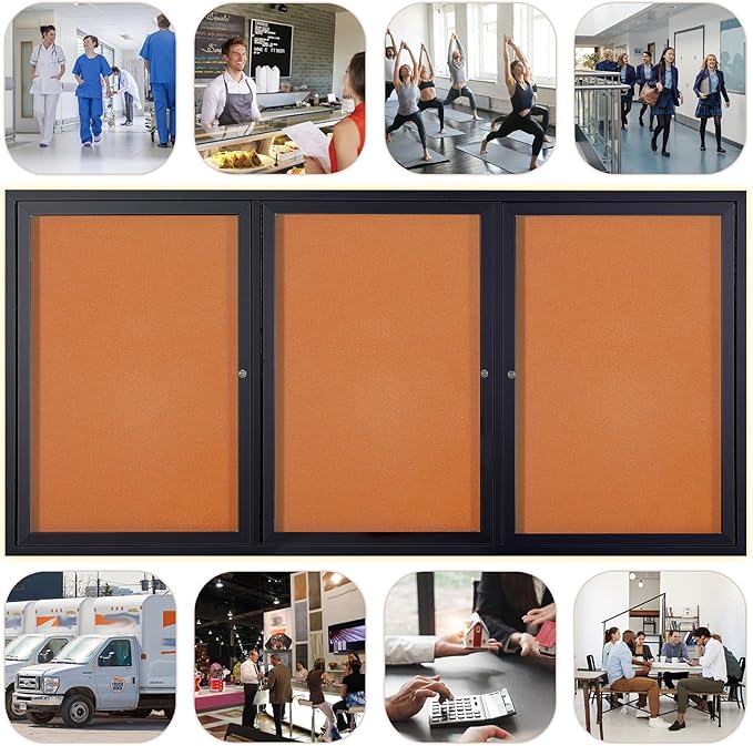 Enclosed Bulletin Board Outdoor Noticeboard with Locking Door, Weather-Resistant, Cork, Black Aluminum Frame, 70 x 36 in