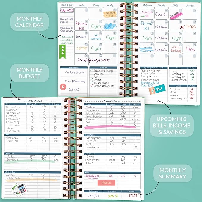 GoGirl Budget Planner & Monthly Bill Organizer – Monthly Financial Book with Pockets. Expense Tracker Notebook Journal, Compact (Mint Green)