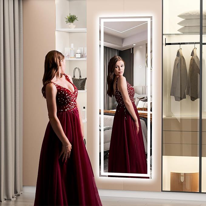 Hasipu Full Length Mirror with Lights, 56" x 15.8" LED Floor Mirror, Full Body Dressing Standing, Hanging Mounted Mirror for Living Room Bedroom Cloakroom, Square Black