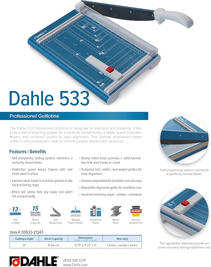 Dahle 533 Professional Guillotine Trimmer, 13" Cut Length, 15 Sheet Capacity, Self-Sharpening, Manual Clamp, German Engineered Paper Cutter