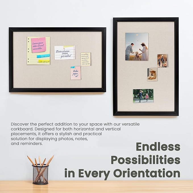 Bulletin Board Cork Board with Linen, 100% Wood Framed 30" x 20" Bulletin Board Decorations, Pin Boards for Walls, Wall Mounted Fabric Picture Board with 10 Pushpins for School, Home & Office, Black