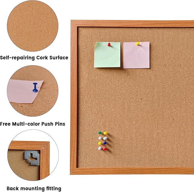 Cork Bulletin Board for Wall - 24” x 18” Bulletin Board Cork Board Wall Mounted Wood Frame Message Board pin Board for School,Office and Home
