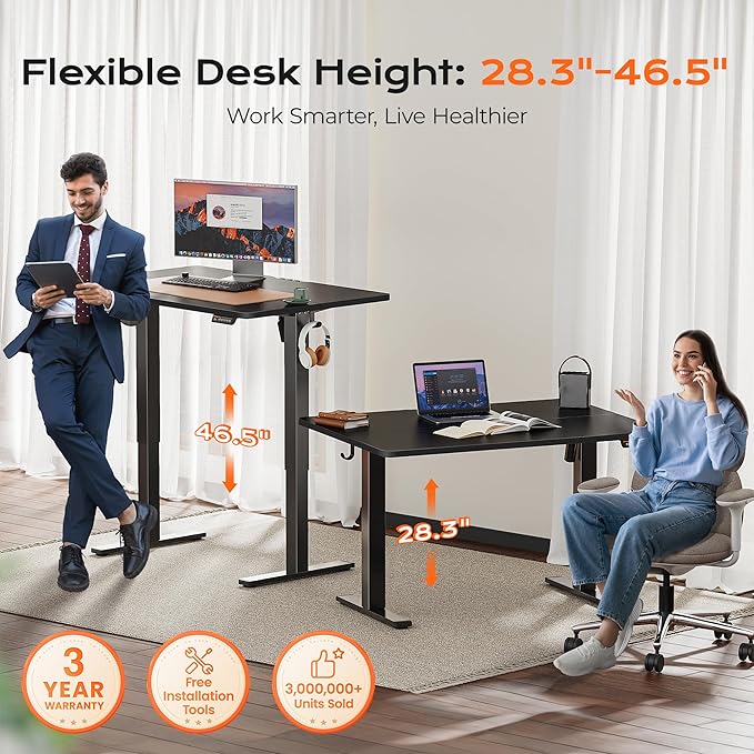 Huuger 48 x 28 Large Electric Standing Desk, Height Adjustable Desk, 27.6" Deep Desktop, Stand up Gaming, 2 Hooks, 3 Preset Heights, for Home Office, Black