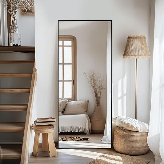 Full Length Mirror, 58"x18" Oversized Floor Mirror Freestanding, Full Body Mirror Floor Standing Mirrors with Stand, Hanging Mounted Mirrors for Bedroom Living Room, Black, Rect Style