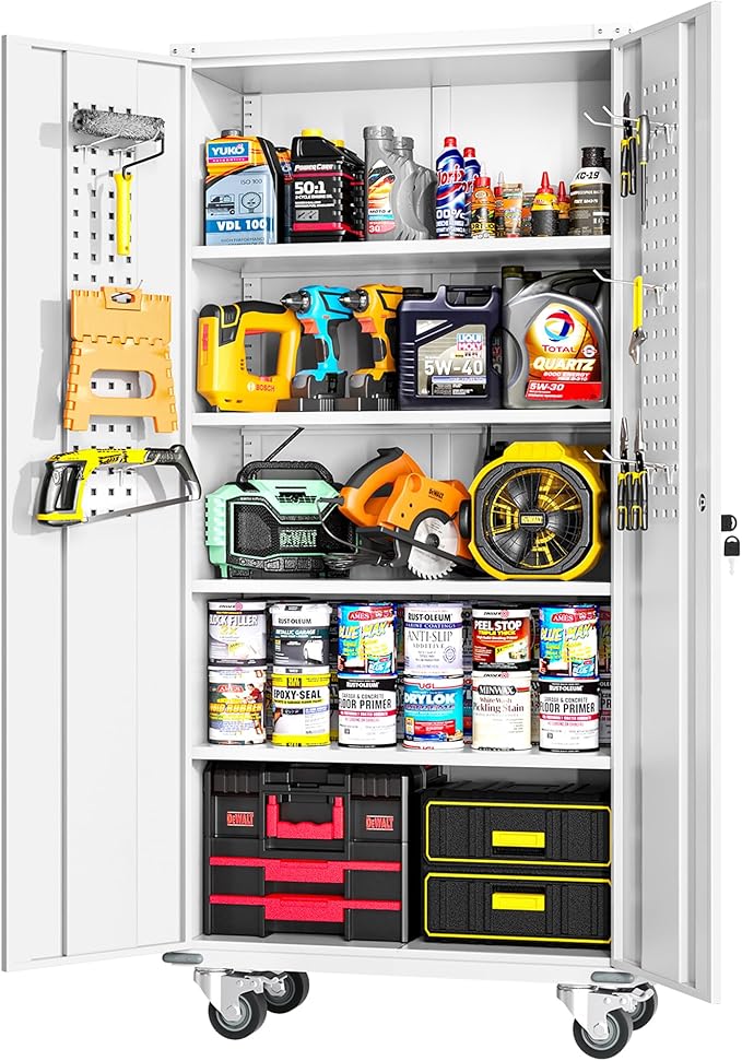 Greenvelly 72" Metal Storage Cabinet with Wheel and Pegboard, Lockable White Metal Garage Cabinets with 2 Doors and 4 Adjustable Shelves, Rolling Steel Tool Cabinet for Garage, Home Office, School