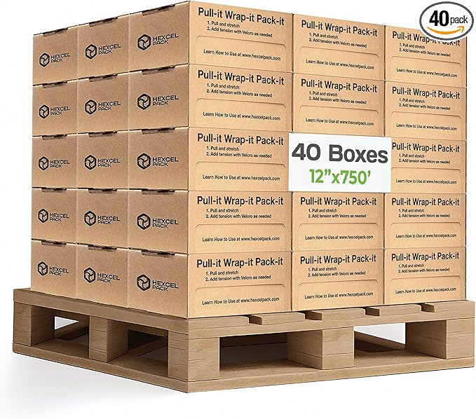 HexcelWrap Mini - Honeycomb Packing Paper, Eco-Friendly, Sustainable Paper Bubble Wrap for Shipping & Moving, Cushioned Packing Material in Dispenser - Natural, Pallet of 40, 12" x 750'