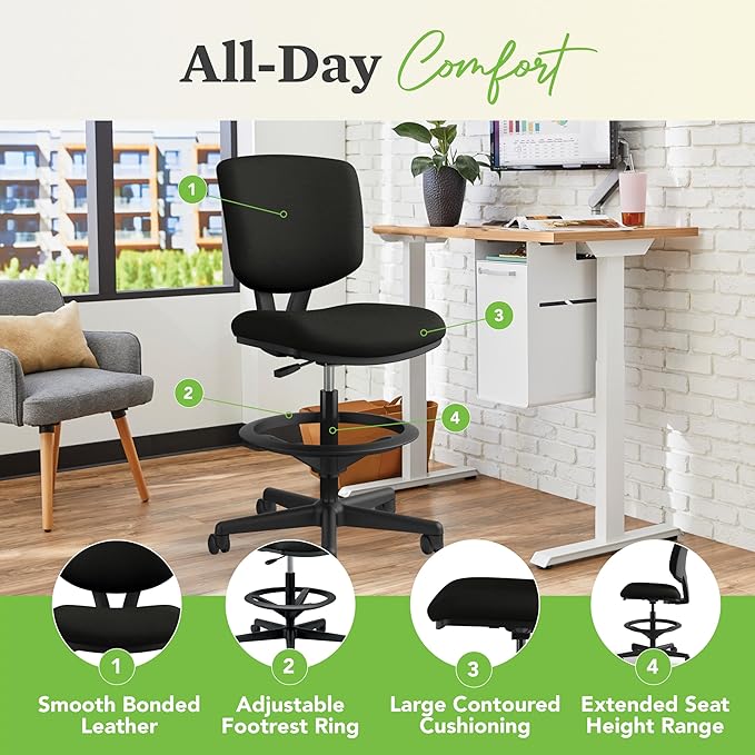 HON Volt Standing Desk Chair, Leather Office Chair with Foot Rest, Armless, Ergonomic Recline and Center Tilt, for Computers, Offices, Work, Black