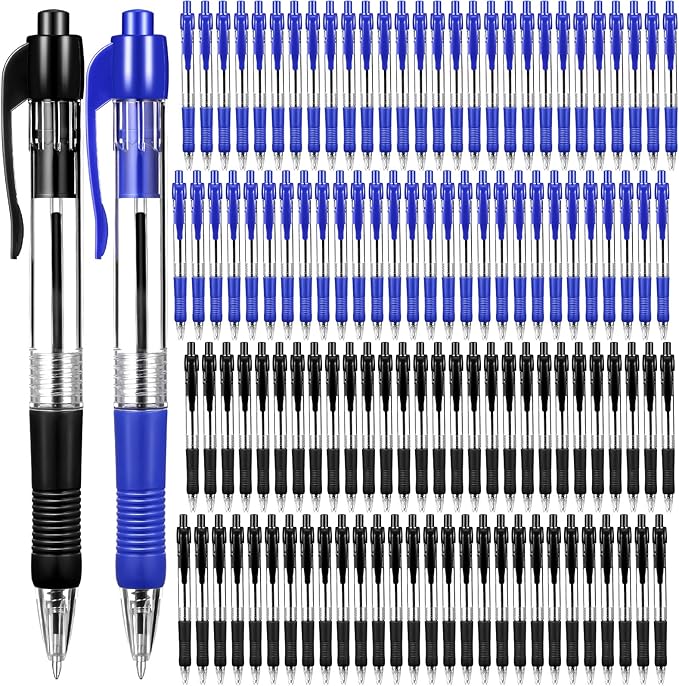 Fainne 200 Pack Retractable Ballpoint Pen 1.0 mm Medium Point Refillable Smooth Click Writing Pens With Grip for Work Journal Writing Office School Supplies(Black Ink, Blue Ink)