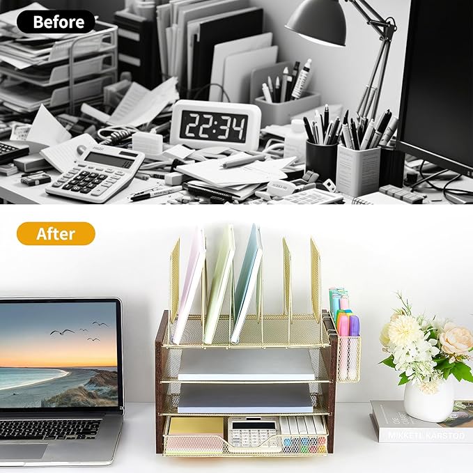 Gold Desk Organizers and Accessories,4-Tier Desktop File Organizer with Drawer, Wood Paper Organizer with 5 Vertical File Holders and Pen Holder for Office Supplies