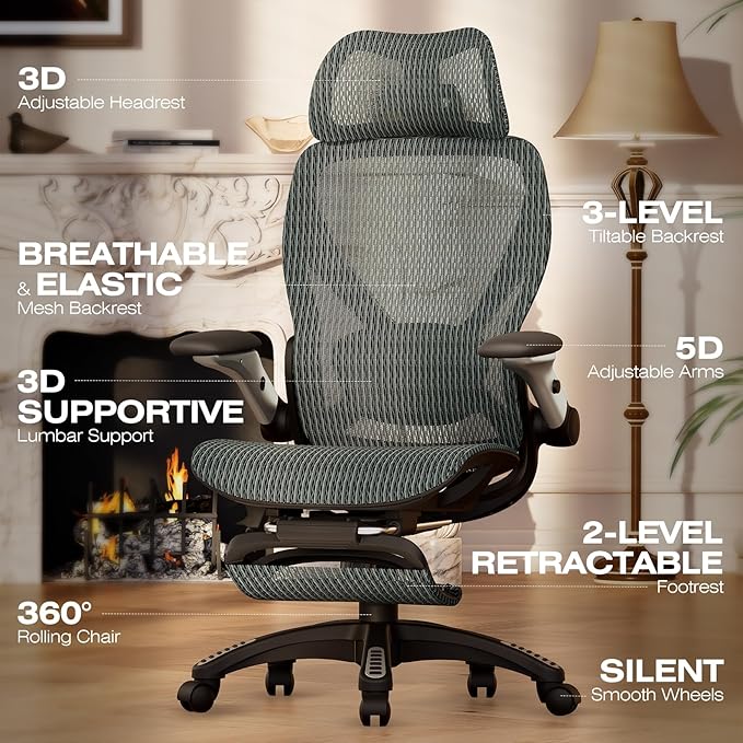 ELABEST X100 Ergonomic Office Chair with Footrest, Big and Tall Home Desk Chair with 5D Flip-Up Arms, Adjustable 6D Lumbar Support,High Back Rolling Computer Chair, Swivel Mesh Chairs (Forest Ranger)