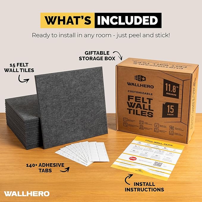 Cork Boards for Office, Dart Board Wall Protector, 59"x36" | 15 Pack | Black Bulletin Board, Cork Board, Cork Board Squares, Homasote Board, Bulletin Board Tiles (Gray Black)