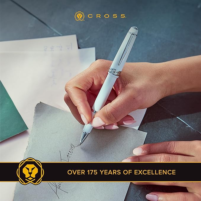 Cross Bailey Light Refillable Rollerball Pen Presented in a Everyday Gift Box - Medium Point, Black Ink, Polished White