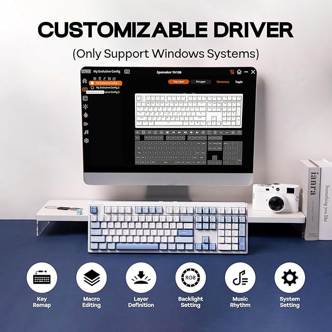 EPOMAKER TH108 Full Size Mechanical Keyboard, Wireless Gaming Keyboard, 8000mAh Battery, Creamy Gasket, 108 Keys, Hot Swap, Custom Driver, RGB Backlights (Blue&White, Creamy Jade Switch)