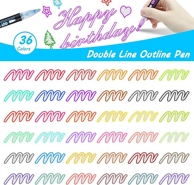 Double Line Outline Markers, 36 Colors Super Squiggles Shimmer Outline Marker Pen Set, Self Outline Metallic Markers Glitter Writing Drawing Pens for Birthday Greeting Card, Doodling, DIY Art Crafts