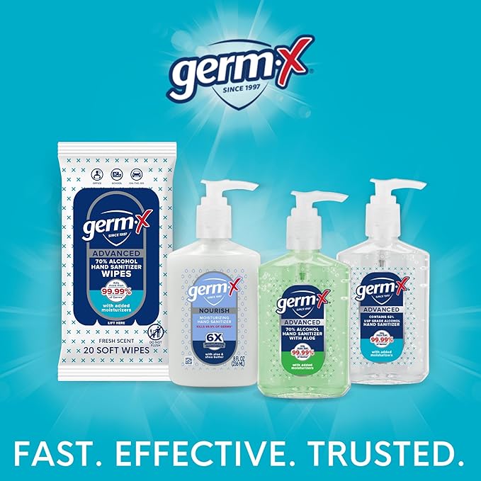 Germ-X Advanced Single-Use Hand Sanitizer Wipes, 20 Soft Wipes, Non-Drying Hand Sanitizer, Instant No Rinse Formula, Back to School Supplies, 70% Alcohol-Based Moisturizing Hand Sanitizer (Pack of 10)